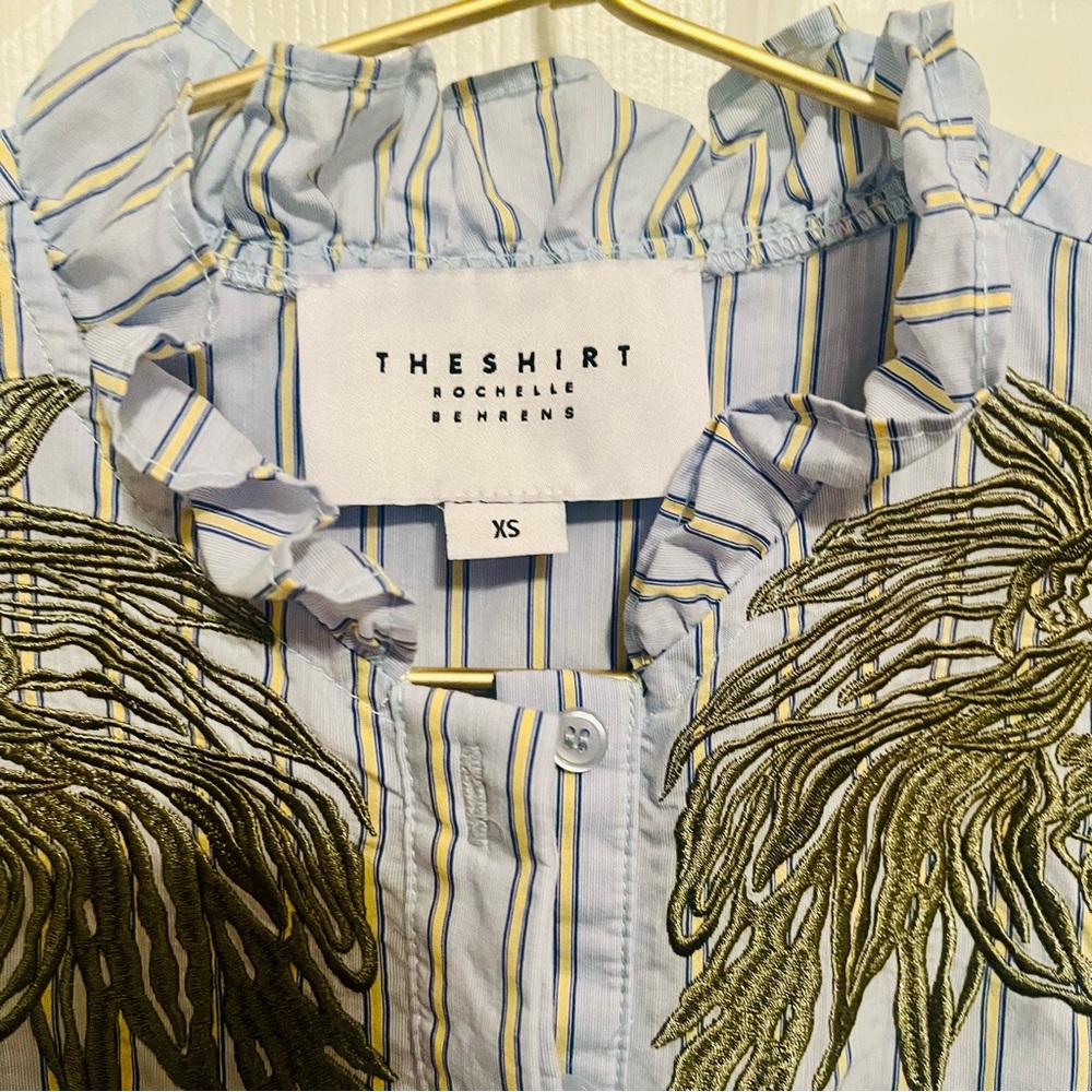 The Shirt by Rochelle Behrens XS Striped Embroidered Puff Sleeve Ruffle Blouse - Picture 3 of 6